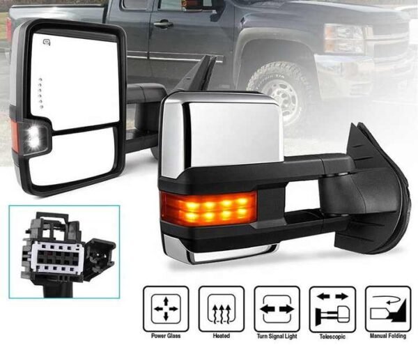 PK11604 For 2007-13 Silverado GMC Sierra Chrome High Quality Power Arrow Signal On Glass LED Amber Turn Signal Tow Mirrors - Image 2