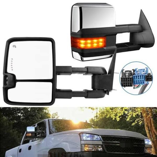 PK11608-1 For 03-06 Silverado GMC Sierra 1500 2500 GM1320411 GM1321411 Chrome Power Heated Amber Signals Light Towing Mirrors
